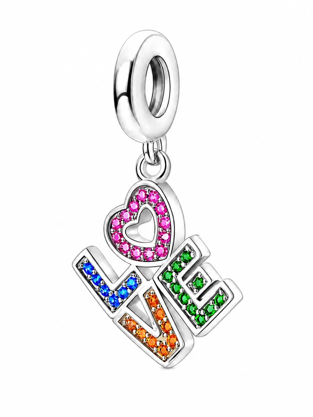 Sterling Silver LOVE Heart Multicolor CZ Dangle Charm